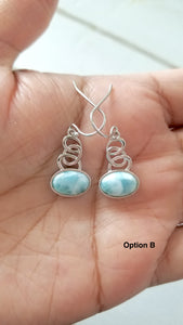 Oval Larimar Earrings with 925 Sterling Silver Swirl Design