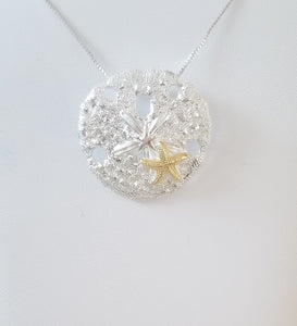 Sand dollar pendant - two tone with  2 starfishs