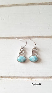 Oval Larimar Earrings with 925 Sterling Silver Swirl Design
